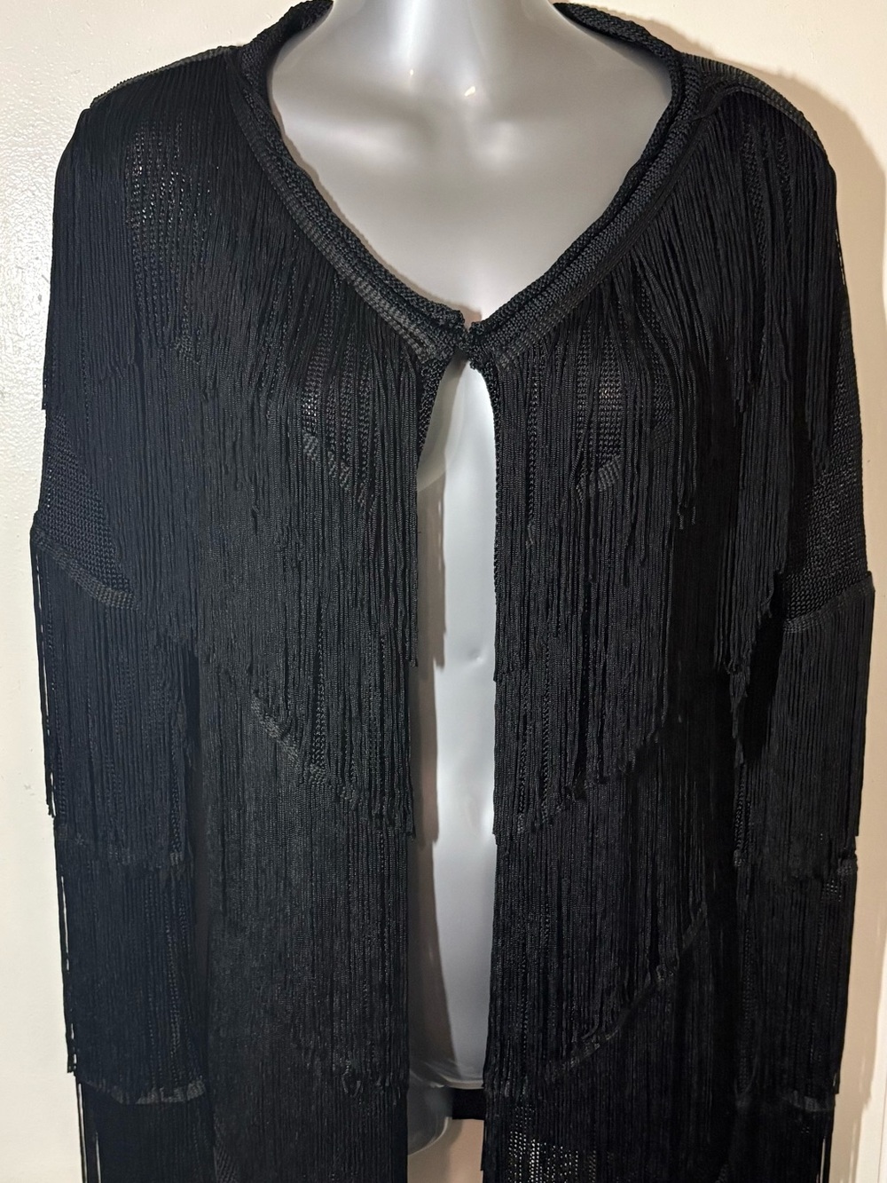 Honey Punch Black Tiered Fringe Mesh Jacket Festival Shrug Size Medium
